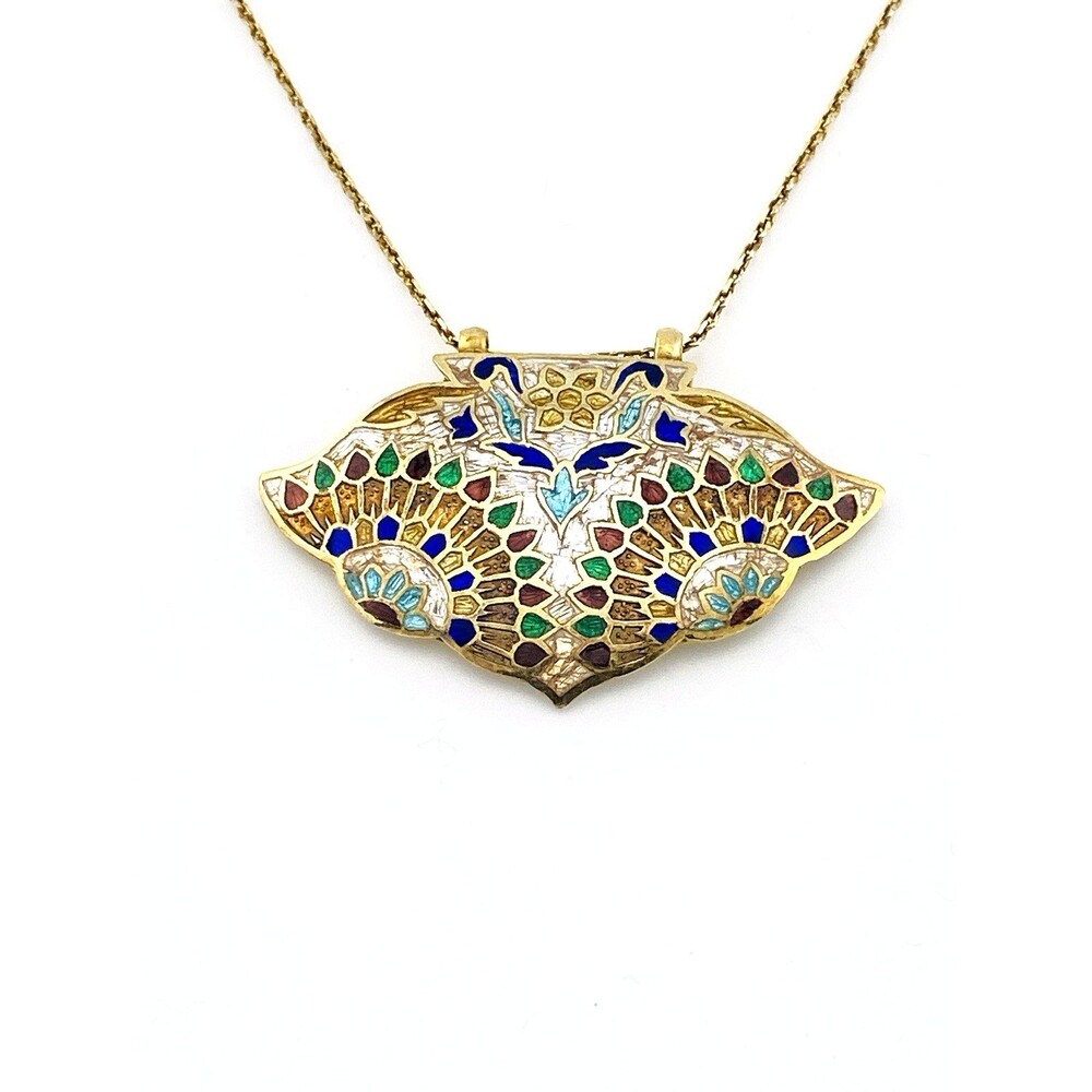 Vintage Indian Guilloche Enamel Fan Pendant Necklace Handmade Vermeil Silver